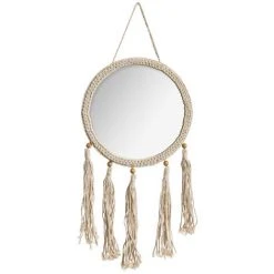 Atmosphera - Miroir Mural Corde Avec Pompons D 30 Cm - Beige