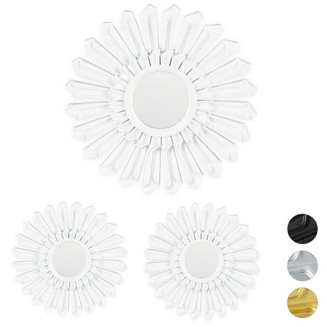 Relaxdays Miroir De Décoration Soleil, Lot De 3, Décoration Murale, Avec Suspension, Cadre Plastique, Ø, 25 Cm, Blanc 3 Relaxdays Miroir De Décoration Soleil, Lot De 3, Décoration Murale, Avec Suspension, Cadre Plastique, Ø, 25 Cm, Blanc