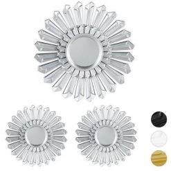 Relaxdays Miroir De Décoration Soleil, Lot De 3, Décoration Murale, Avec Suspension, Cadre Plastique, Ø, 25 Cm, Argenté