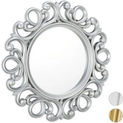 Relaxdays Miroir Mural Rond, Décoration Murale Pour Toutes Les Pièces, Avec Cadre, Ornement, ∅ 50 Cm, Argenté
