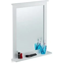 Relaxdays Miroir Mural Tablette Glace Décorative Rectangulaire, Chambre, Salle De Bains, Bambou, HLP 68x56x10 Cm, Blanc