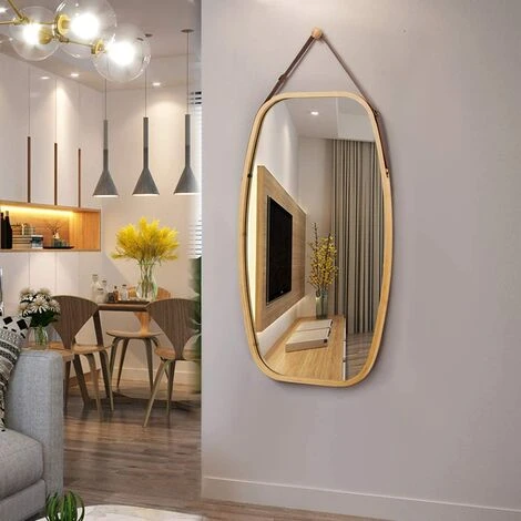COSTWAY Miroir Mural Suspendu Avec Cadre En Bambou Et Sangle En Cuir Réglable, Coin Arrondi, Pour Salon, Chambre, Entrée Etc. 3 COSTWAY Miroir Mural Suspendu Avec Cadre En Bambou Et Sangle En Cuir Réglable, Coin Arrondi, Pour Salon, Chambre, Entrée Etc.