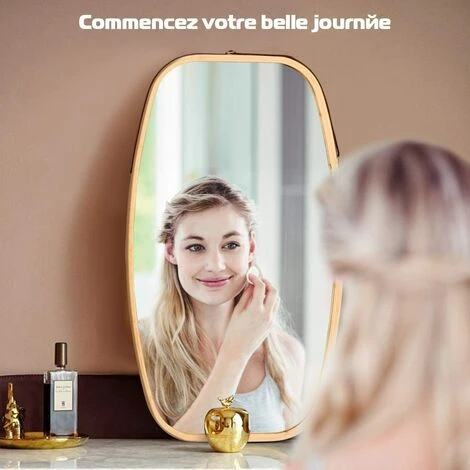 COSTWAY Miroir Mural Suspendu Avec Cadre En Bambou Et Sangle En Cuir Réglable, Coin Arrondi, Pour Salon, Chambre, Entrée Etc. 4 COSTWAY Miroir Mural Suspendu Avec Cadre En Bambou Et Sangle En Cuir Réglable, Coin Arrondi, Pour Salon, Chambre, Entrée Etc. – Image 2