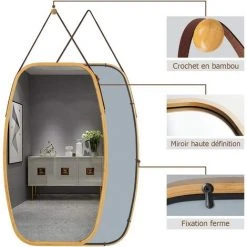 COSTWAY Miroir Mural Suspendu Avec Cadre En Bambou Et Sangle En Cuir Réglable, Coin Arrondi, Pour Salon, Chambre, Entrée Etc. 9 COSTWAY Miroir Mural Suspendu Avec Cadre En Bambou Et Sangle En Cuir Réglable, Coin Arrondi, Pour Salon, Chambre, Entrée Etc. -Miroir Soldes Boutique 24075535 3