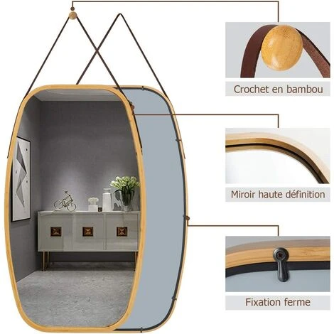 COSTWAY Miroir Mural Suspendu Avec Cadre En Bambou Et Sangle En Cuir Réglable, Coin Arrondi, Pour Salon, Chambre, Entrée Etc. 5 COSTWAY Miroir Mural Suspendu Avec Cadre En Bambou Et Sangle En Cuir Réglable, Coin Arrondi, Pour Salon, Chambre, Entrée Etc. – Image 3