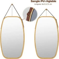 COSTWAY Miroir Mural Suspendu Avec Cadre En Bambou Et Sangle En Cuir Réglable, Coin Arrondi, Pour Salon, Chambre, Entrée Etc. 10 COSTWAY Miroir Mural Suspendu Avec Cadre En Bambou Et Sangle En Cuir Réglable, Coin Arrondi, Pour Salon, Chambre, Entrée Etc. -Miroir Soldes Boutique 24075535 4