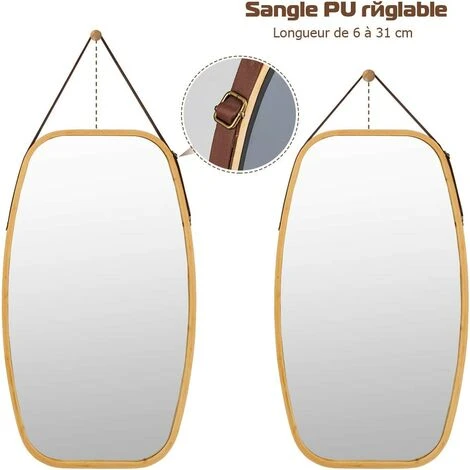 COSTWAY Miroir Mural Suspendu Avec Cadre En Bambou Et Sangle En Cuir Réglable, Coin Arrondi, Pour Salon, Chambre, Entrée Etc. 6 COSTWAY Miroir Mural Suspendu Avec Cadre En Bambou Et Sangle En Cuir Réglable, Coin Arrondi, Pour Salon, Chambre, Entrée Etc. – Image 4