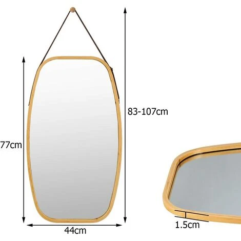 COSTWAY Miroir Mural Suspendu Avec Cadre En Bambou Et Sangle En Cuir Réglable, Coin Arrondi, Pour Salon, Chambre, Entrée Etc. 7 COSTWAY Miroir Mural Suspendu Avec Cadre En Bambou Et Sangle En Cuir Réglable, Coin Arrondi, Pour Salon, Chambre, Entrée Etc. – Image 5