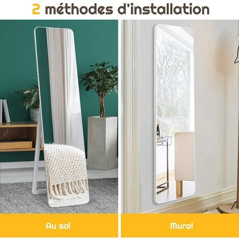 COSTWAY Miroir Sur Pied Rectangulaire, Miroir Mural En Style Contemporain, Bord Rond, Pour Chambre, Salon, Salle De Bain, 160 X 37cm, Blanc 6 COSTWAY Miroir Sur Pied Rectangulaire, Miroir Mural En Style Contemporain, Bord Rond, Pour Chambre, Salon, Salle De Bain, 160 X 37cm, Blanc – Image 4