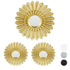 Relaxdays Miroir De Décoration Soleil, Lot De 3, Décoration Murale, Avec Suspension, Cadre Plastique, Ø, 25 Cm, Doré
