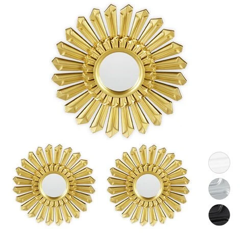 Relaxdays Miroir De Décoration Soleil, Lot De 3, Décoration Murale, Avec Suspension, Cadre Plastique, Ø, 25 Cm, Doré 3 Relaxdays Miroir De Décoration Soleil, Lot De 3, Décoration Murale, Avec Suspension, Cadre Plastique, Ø, 25 Cm, Doré