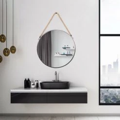 THE HOME DECO FACTORY Miroir Rond Avec Anse En Jonc 50 Cm Noir - Noir -Miroir Soldes Boutique 33973041 2