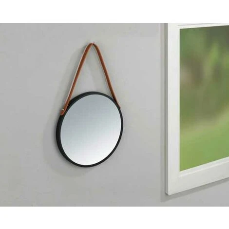 WENKO Miroir Mural Rond Borrone, Miroir Avec Cadre Métallique Noir Et Lanière De Suspension En Similicuir, Miroir Décoratif Au Design Industriel, Verre - Métal, Ø 30 Cm, Noir - Marron 6 WENKO Miroir Mural Rond Borrone, Miroir Avec Cadre Métallique Noir Et Lanière De Suspension En Similicuir, Miroir Décoratif Au Design Industriel, Verre - Métal, Ø 30 Cm, Noir - Marron – Image 4