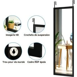 COSTWAY Miroir Mural Suspendu, Miroir De Porte 120 X 37 CM Avec Crochets De Suspension, Pour Chambre, Salon, Vestiaire, Noir -Miroir Soldes Boutique 37783462 2