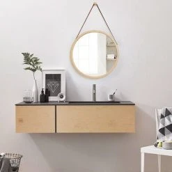 FREOSEN Miroir Mural Rond 45cm Décor Bois Miroir Avec Cadre En Bois Avec Crochet Pour Salle De Bain, Chambre Ou Dressing -Miroir Soldes Boutique 38401025 3