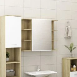 ASUPERMALL Armoire A Miroir De Bain Blanc Et Chene Sonoma 80x20,5x64 Cm