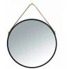 WENKO Miroir Mural Rond Borrone, Miroir Avec Cadre Métallique Noir Et Lanière De Suspension En Similicuir, Miroir Décoratif Au Design Industriel, Verre - Métal, Ø 40 Cm, Noir - Marron