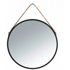 WENKO Miroir Mural Rond Borrone, Miroir Avec Cadre Métallique Noir Et Lanière De Suspension En Similicuir, Miroir Décoratif Au Design Industriel, Verre - Métal, Ø 40 Cm, Noir - Marron