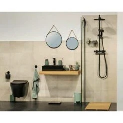 WENKO Miroir Mural Rond Borrone, Miroir Avec Cadre Métallique Noir Et Lanière De Suspension En Similicuir, Miroir Décoratif Au Design Industriel, Verre - Métal, Ø 40 Cm, Noir - Marron -Miroir Soldes Boutique 39769815 3