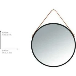 WENKO Miroir Mural Rond Borrone, Miroir Avec Cadre Métallique Noir Et Lanière De Suspension En Similicuir, Miroir Décoratif Au Design Industriel, Verre - Métal, Ø 40 Cm, Noir - Marron -Miroir Soldes Boutique 39769815 4