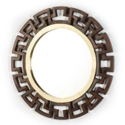 LES TENDANCES Miroir Mural Rond Bois Massif Foncé Et Métal Doré Caesar
