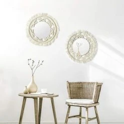 VERSAILLESFR Lot De 2 Miroirs Muraux Macramés Faits à La Main Suspendre Avec Franges Rondes Pour Appartement, Salon, Chambre à Coucher, Chambre à Coucher, Décoration De La Maison Moderne -Miroir Soldes Boutique 41509072 3