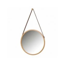 WADIGA Miroir Suspendu Rond Bambou Lanière Similicuir Marron - Bois