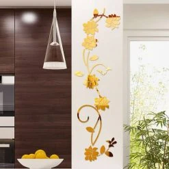 Miroirs Muraux Flower Vine Acrylique Miroir Stickers Muraux, Élégant Miroir Réglage Mur Autocollant, Mur Collant Miroir Décoration Murale Pour La Maison Salon Chambre Décor, GrooFoo Or