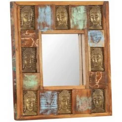 HAPPYSHOPPING Miroir Avec Revetement Bouddha 50x50 Cm Bois De Recuperation