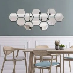 NORCKS 12 Pièces Miroir Acrylique Adhésif Autocollant Mural Miroirs Muraux Stickers Salon Chambre Décor TV Fond Décoration (Hexagone, Argent) - Argent