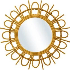PRIVATEFLOOR Miroir Mural Rond Boho Bali En Rotin Naturel (60 Cm) - Miu Bois Naturel - Verre, Rotin - Bois Naturel