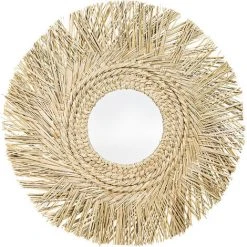 PRIVATEFLOOR Miroir Mural Rond Boho Bali En Herbes Marines Naturelles (60 Cm) - Mai Bois Naturel - Verre, Herbes Marines - Bois Naturel