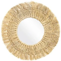 PRIVATEFLOOR Miroir Mural Rond Boho Bali En Herbes Marines Naturelles (56 Cm) - Ais Bois Naturel - Verre, Herbes Marines - Bois Naturel