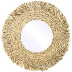 PRIVATEFLOOR Miroir Mural Rond Boho Bali En Herbes Marines Naturelles (60 Cm) - Rewu Bois Naturel - Verre, Herbes Marines - Bois Naturel