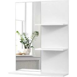 COSTWAY Miroir Salle De Bain Avec 3 Etagères, Meuble De Rangement Ouvert Avec Miroir HD Pour Toilette Et Salle De Bain Blanc