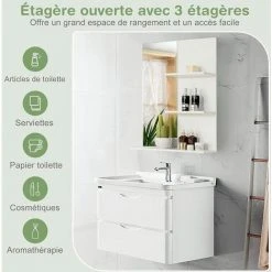 COSTWAY Miroir Salle De Bain Avec 3 Etagères, Meuble De Rangement Ouvert Avec Miroir HD Pour Toilette Et Salle De Bain Blanc -Miroir Soldes Boutique 48882054 4