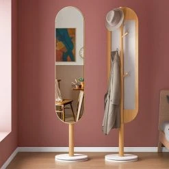 FREOSEN Miroir Sur Pied 174x40cm En Cadre Du Bois Avec Porte Manteau 4 Crochets Fonction 2 En 1