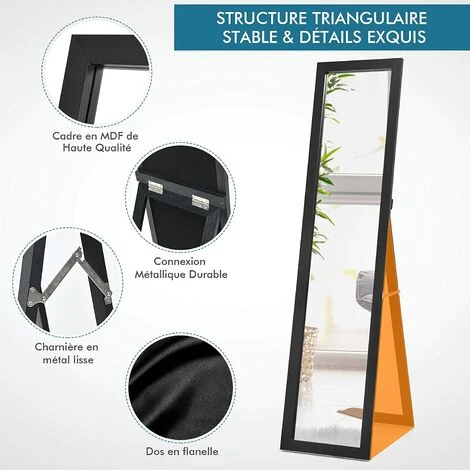 COSTWAY Miroir Pleine Longueur Sur Pied, Grand Miroir Avec Cadre En MDF 155 Cm X 37 Cm, Miroir De Plain Pied Rectangulaire Pour Chambre, Salon Et Entrée Noir 4 COSTWAY Miroir Pleine Longueur Sur Pied, Grand Miroir Avec Cadre En MDF 155 Cm X 37 Cm, Miroir De Plain Pied Rectangulaire Pour Chambre, Salon Et Entrée Noir – Image 2