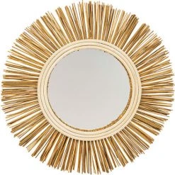 PRIVATEFLOOR Miroir Mural Rond Boho Bali En Rotin Naturel (60 Cm) - Loi Bois Naturel - Verre, Rotin - Bois Naturel