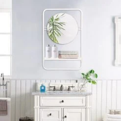 URBAN MEUBLE Miroir Mural Blanc Rond Et Moderne Avec étagère -Miroir Soldes Boutique 51782606 2
