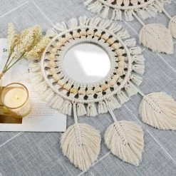 ECHOO Miroir Mural à Franges En  Avec Pendentif En Plumes De Perles De Bois Miroir Rond D'art Mural Pour Couloir De Chambre à Coucher Salon Décor à La Maison (Beige) -Miroir Soldes Boutique 52470510 3