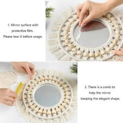 ECHOO Miroir Mural à Franges En  Avec Pendentif En Plumes De Perles De Bois Miroir Rond D'art Mural Pour Couloir De Chambre à Coucher Salon Décor à La Maison (Beige) -Miroir Soldes Boutique 52470510 4