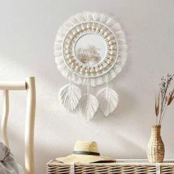 BEARSU Macramé Miroir Muraux Suspendu Avec Frange Rond Mural Miroir Décoratif Plume Pendentif Art Ornement Pour Appartement Maison Chambre Salon