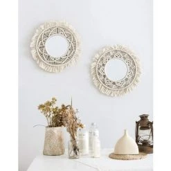 READCLY Miroir Mural Suspendu With Frange En Macramé 2 Set Small Round Decoratic Boho Antique Miroir For Apartment LivingRoom Bedroom Baby Nursery,Beautiful Gift Ideas -Miroir Soldes Boutique 53307035 2