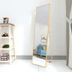 ORGANNICE Miroir Sur Pied Avec Cadre En Métal Doré 140x40cm HD Grand Miroir Pleine Longueur Avec Crochet Pour Une Utilisation Dans Le Salon Ou Le Dressing - Or -Miroir Soldes Boutique 53307992 4