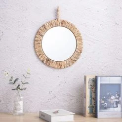 LITZEE Miroir Mural Rond Miroir De Toilette Miroir De Toilette Miroir Décoratif En Bois Pour Chambre à Coucher Miroir Rond Avec Corde