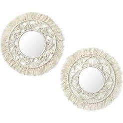 LONGZIMING Miroir Mural Suspendu With Frange En Macramé Small Round Decoratic Boho Antique Miroir For Apartment LivingRoom Bedroom Baby Nursery,Beautiful Gift Ideas-Lot De 2