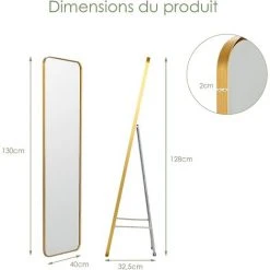 COSTWAY Miroir Autoportant Rectangulaire Mural Avec Support En Acier Doré Avec Film Protecteur Anti-casse 40 X 130 Cm Pour Chambre -Miroir Soldes Boutique 55476120 2