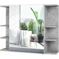 FURCHEN Miroir Salle De Bain Meuble De Toilette Avec Porte 8 Casiers 80x20x64cm Gris