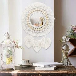 BARES Macramé Miroir Muraux Suspendu Avec Frange Rond Mural Miroir Décoratif Plume Pendentif Art Ornement Pour Appartement Maison Chambre Salon -Miroir Soldes Boutique 55635531 3